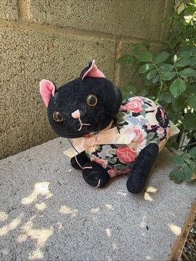 Gymboree Black Plush Cat Toy with Pink Accents and Floral Body
